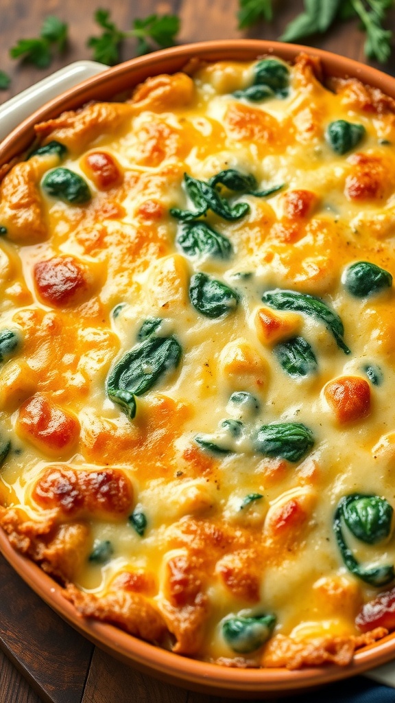 Creamy spinach gratin in a baking dish, topped with a golden, crispy layer, served on a wooden table.